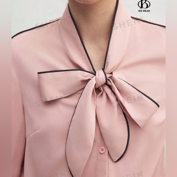 Women Contrast Trim Long Sleeve Tie Front Blouse. Size M(6) - Picture 7 of 7